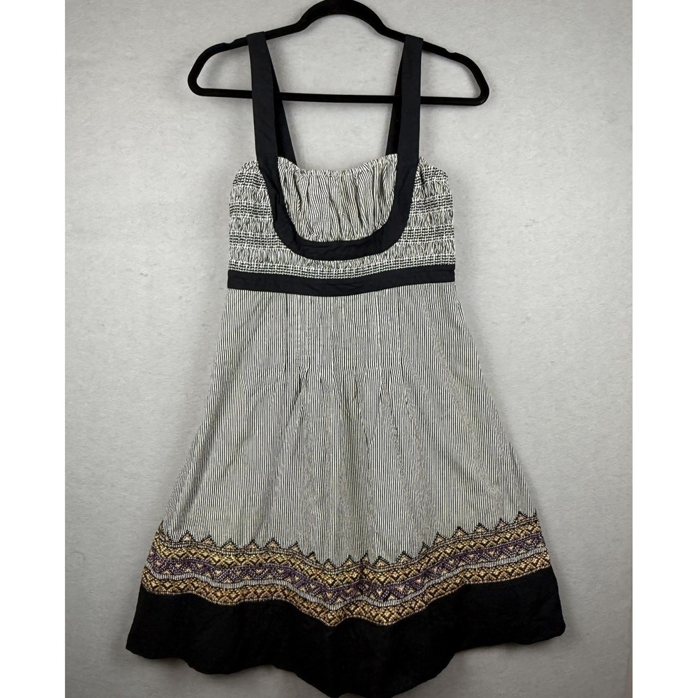 Anthropologie Black and White Striped Midi Dress with Patterned Hem